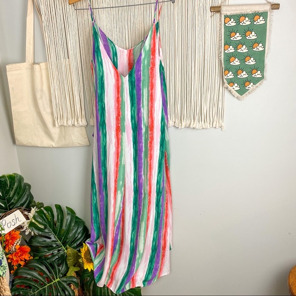 Lulu's Brushstroke of Luck Green Purple Red Pink Watercolor Midi Dress Medium - Picture 7 of 15